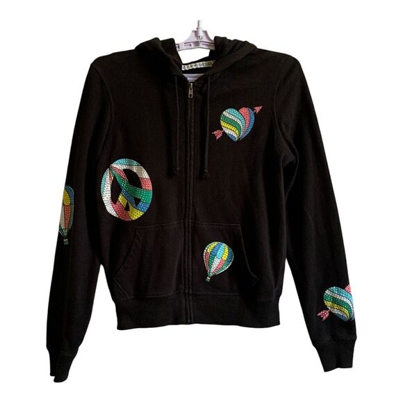 PINK Victorias Secret Jacket Womens S/P Black Logo Bling Sequin Hoodie Full Zip - Picture 1 of 14